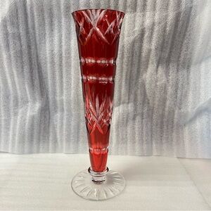 Vintage Red Cut-to-Clear Crystal Vase - Diamond & Fan Cut